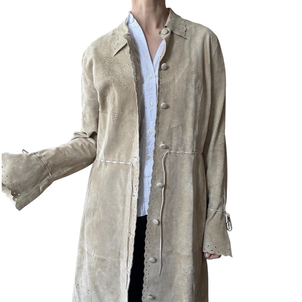 Vintage Suede Leather coat light tan bell sleeve Laser Cut Detail